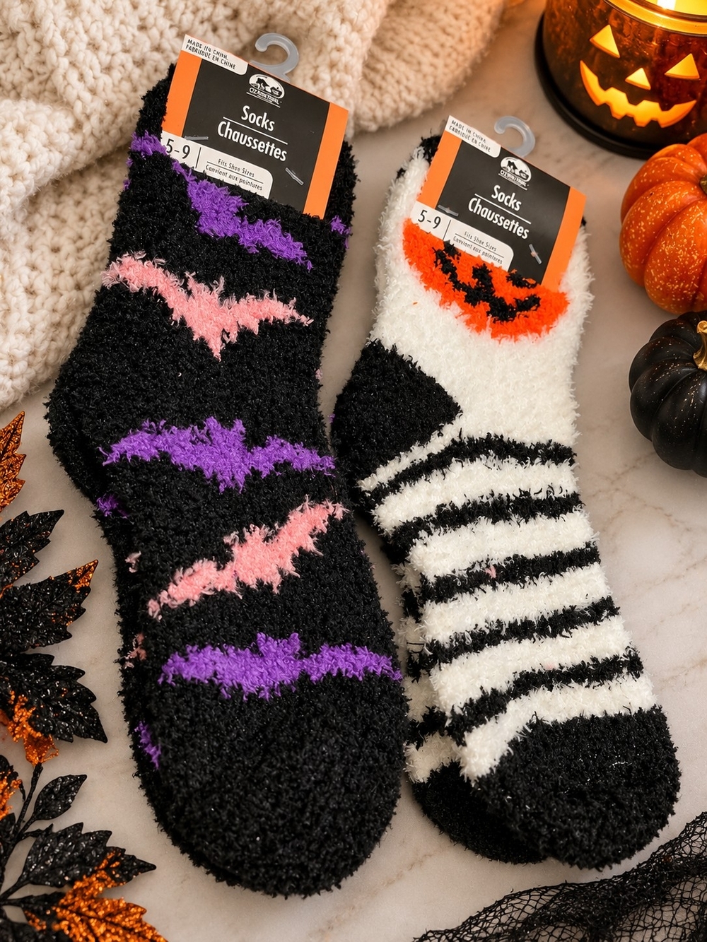 Ozark Trail Halloween Fuzzy Cozy Socks Bat Pumpkin 2 Pair Size 5-9